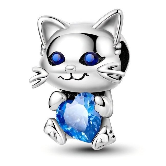 Zawieszka Charms SREBRO 925 Koralik Kotek z sercem