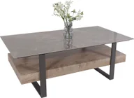 Ławy i stoliki kawowe - Stolik kawowy HWC-L88, stolik do salonu, półka żelazna 43x120x60cm spiekany kamień o wyglądzie marmuru szare drewno szaro-brązowy - miniaturka - grafika 1