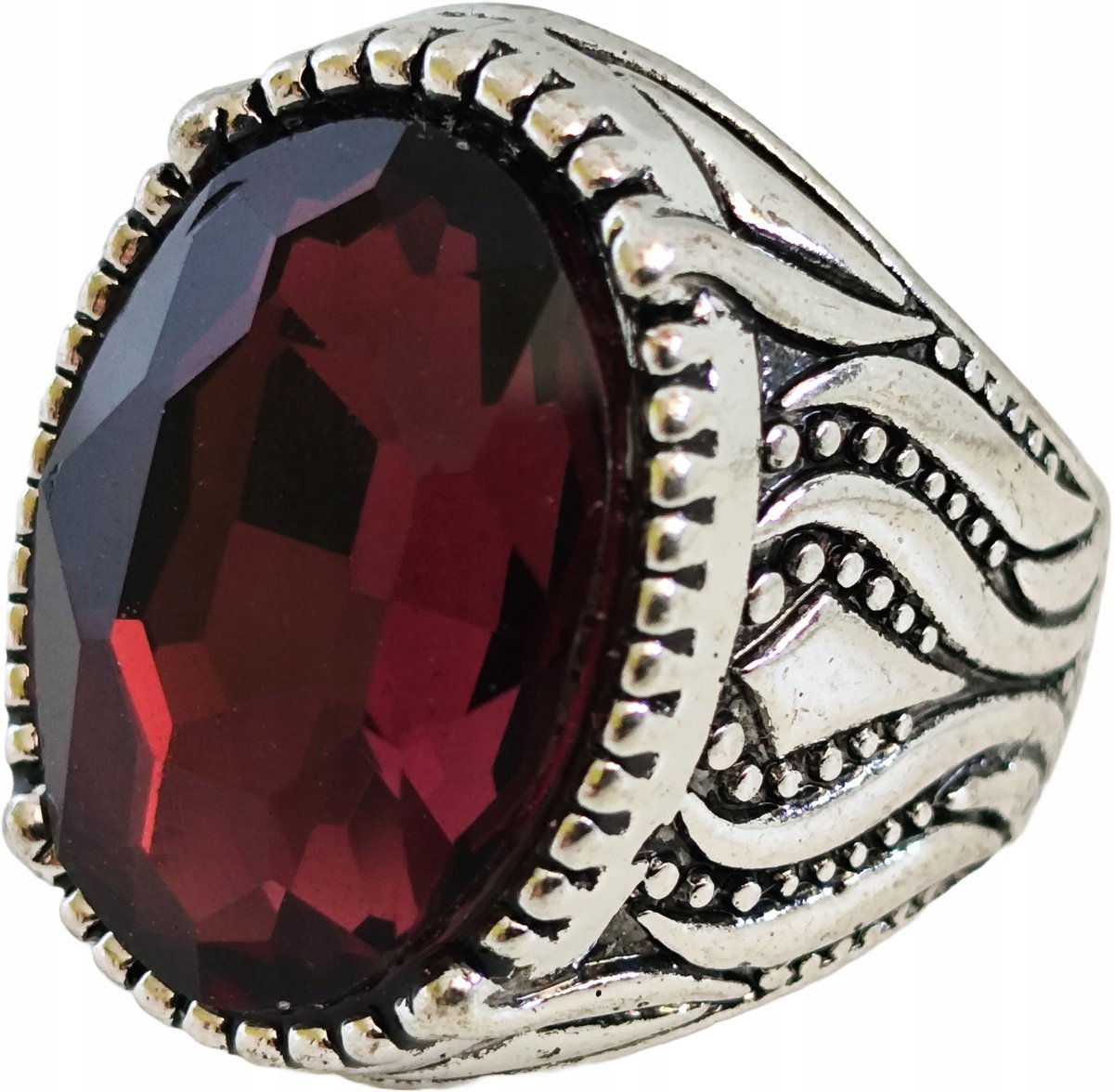 Srebrny Sygnet z Dużym Czerwonym Kamieniem Kamień Stal Szlachetna Vintage