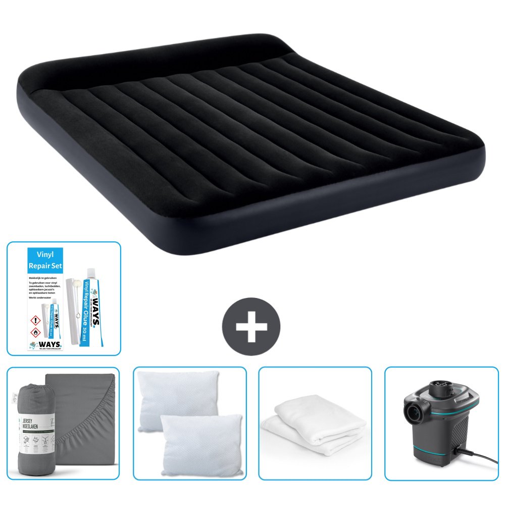 Łóżko powietrzne Intex - 2 osoby - 183 x 203 x 25 cm - Ciemnoniebieski - W zestawie prześcieradło - Pocałunek - Pompka - Zestaw naprawczy en Ochraniacz na poduszkę