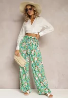 Spodnie damskie - Zielone Długie Spodnie z Szerokimi Nogawkami oraz Kieszeniami i Materiałowym Paskiem Omina - miniaturka - grafika 1