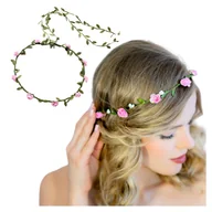 Ozdoby do włosów - Wianek opaska Z KWIATAMI na głowę różowy DŁUGI z liśćmi do włosów BOHO - miniaturka - grafika 1