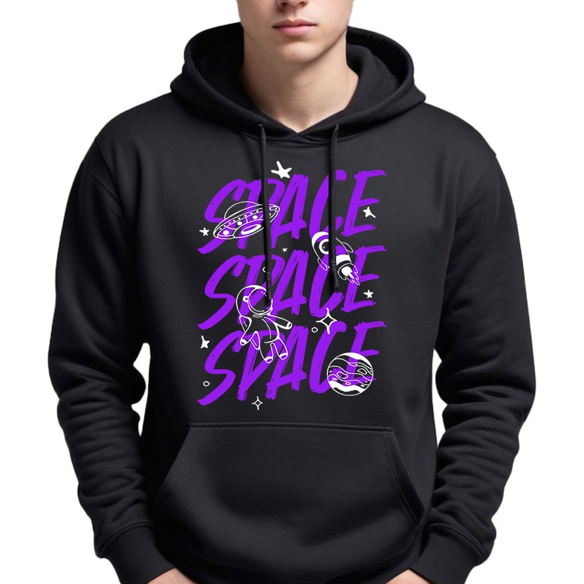 Bluza Z Kapturem Czarna SPACE SPACE Młodzieżowe Trendy Styl Wzory Rozmiar L