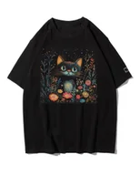 Koszulki męskie - Koszulka oversize Słodki Kot w Kwiatach Artystyczny Czarny L - miniaturka - grafika 1