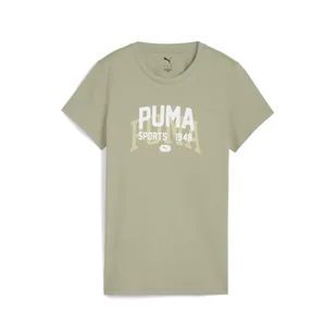 Damska koszulka z grafiką w uniwersyteckim stylu PUMA Lux Army Green - Koszulki sportowe damskie - miniaturka - grafika 1