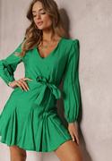 Sukienki - Zielona Rozkloszowana Sukienka Mini z Wiązaniem w Talii Evyna - miniaturka - grafika 1