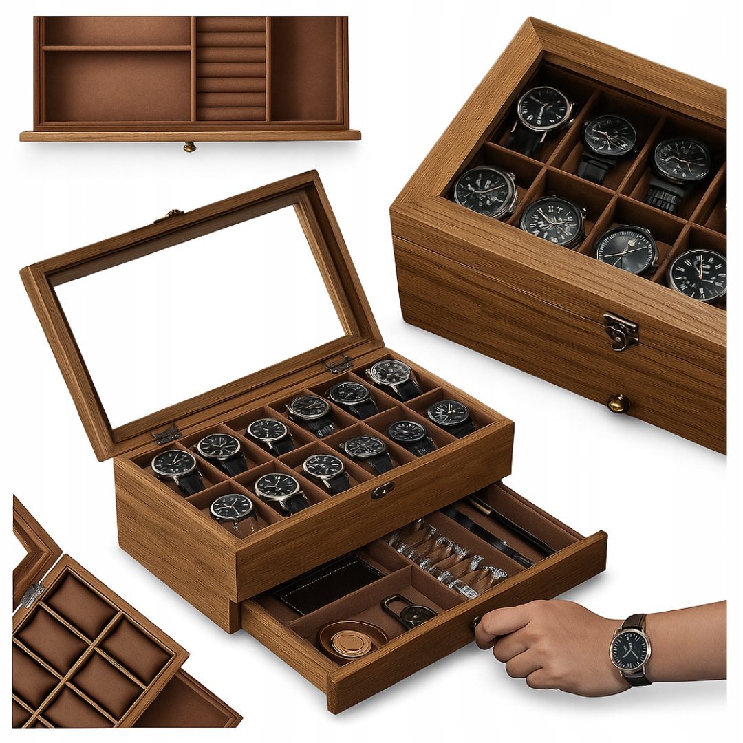 DREWNIANE PUDEŁKO NA BIŻUTERIĘ Z AKSAMITNĄ TACĄ ORGANIZER 2-POZIOMOWY ETUI