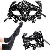 Dodatki do strojów karnawałowych - Strój Długie Rękawiczki Satynowe Koronkowa Maska Lata 20 Tajemnicza Dama - miniaturka - grafika 1