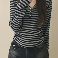 Bluzki damskie - TEMU Bluzka Damska z Długim Rękawem na Guziki - Czarno-Biała w Poziome Paski, Luźny Krój do Codziennych i Formalnych Strojów - Niezbędnik - miniaturka - grafika 1