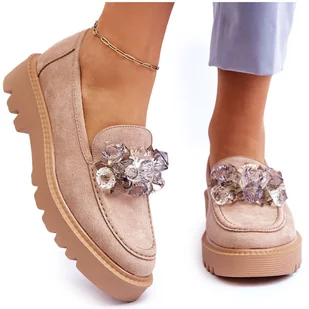 Vinceza Modne Zamszowe Mokasyny Z Kryształkami Beżowe Demeris beżowy - Mokasyny damskie - miniaturka - grafika 1