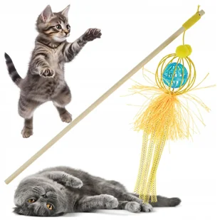 WĘDKA dla kota zabawka interaktywna z dzwoneczkiem piłeczką i sznureczkami - Zabawki dla kotów - miniaturka - grafika 1