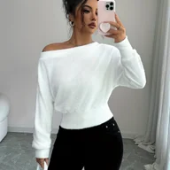 Swetry damskie - TEMU Elegancki Sweter z Jednym Ramieniem dla Kobiet - Szykowny Asymetryczny Pulower, Miękki Pluszowy Sweter na Jesień/Zimę, do Biura, na Imprezę, - miniaturka - grafika 1