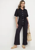 Komplety damskie - Granatowy Komplet z Wiskozą Lnem Koszula z Paskiem i Szerokie Spodnie Galorisa - miniaturka - grafika 1