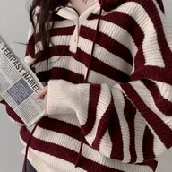 Swetry damskie - TEMU Damska przytulna sweterka z kapturem w paski - luźny krój, długi rękaw, zapinana z przodu, czerwono-biała, swobodny pulower na jesień/zimę, - miniaturka - grafika 1