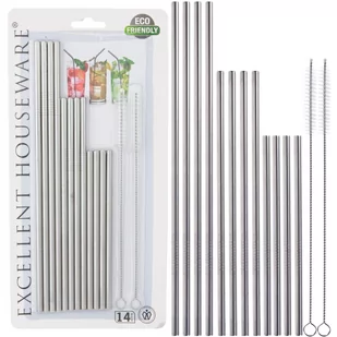Excellent Houseware Słomki rurki STALOWE metalowe do napojów ekologiczne wielorazowe + czyścik 14 sztuk zestaw komplet słomek 259032 - Pozostałe akcesoria barmańskie - miniaturka - grafika 1