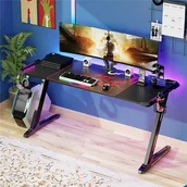 Biurka gamingowe - WISFOR 140cm biurko gamingowe z RGB, ergonomiczne biurko komputerowe z uchwytem na napoje i słuchawki - miniaturka - grafika 1