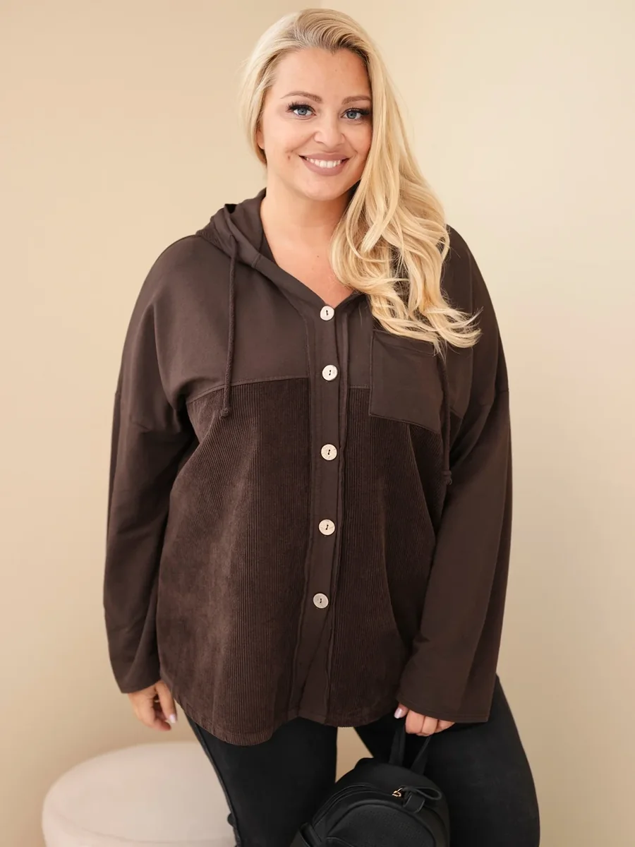 Bluza damska bawełniana Plus Size z kapturem i guzikami brązowa Brązowy