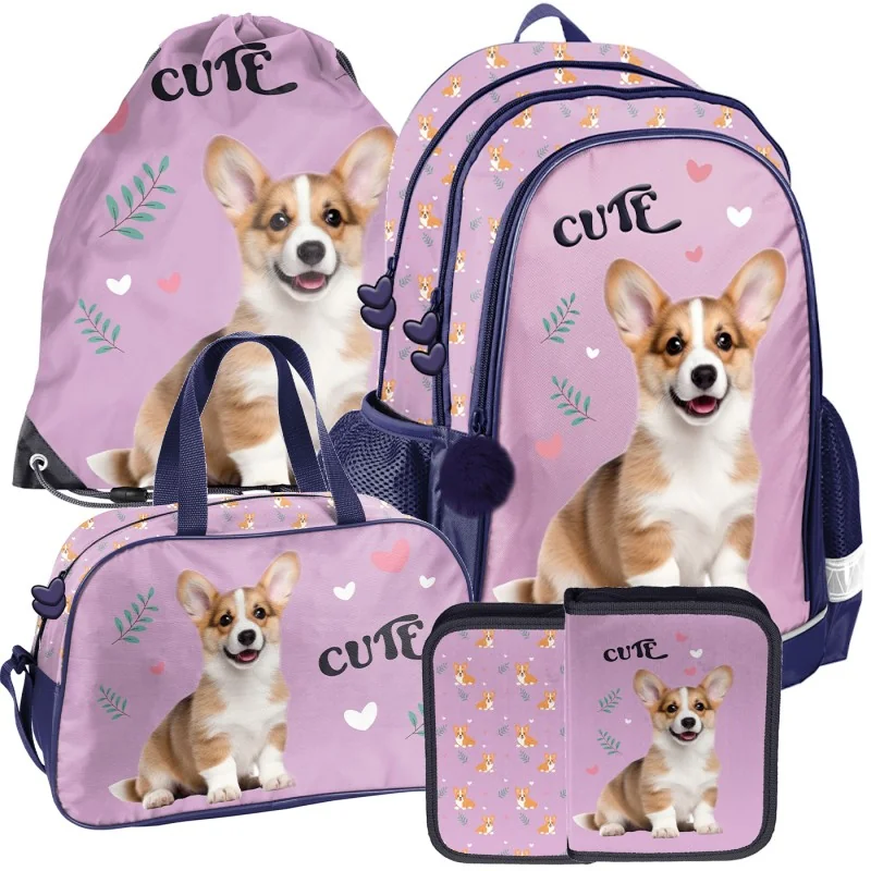 ZESTAW szkolny PLECAK tornister piórnik torba worek Piesek Cute Corgi