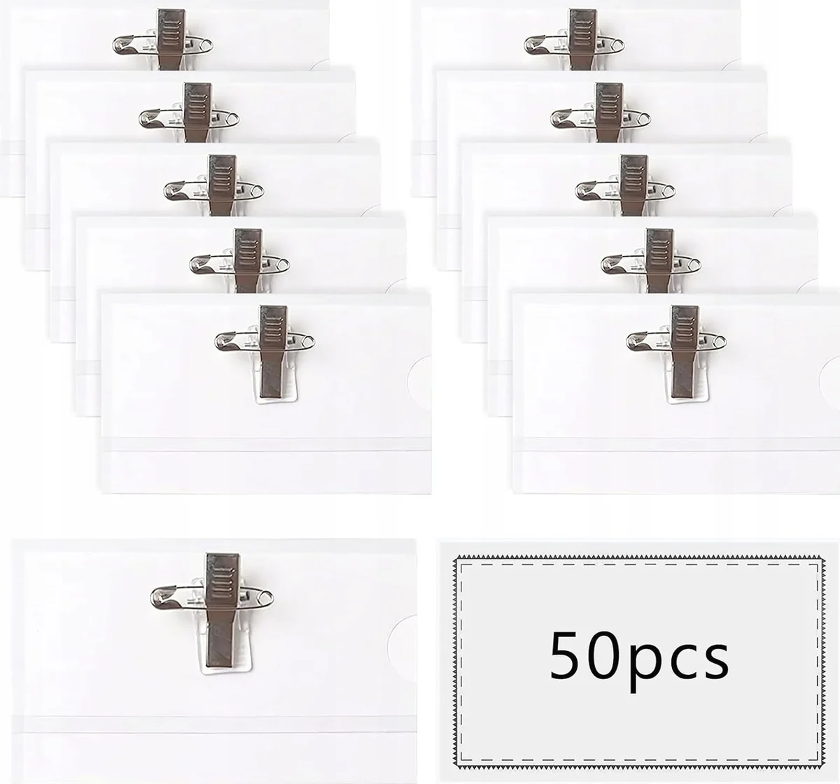 IDENTYFIKATORY 50 SZTUK 9X56CM PRZEZROCZYSTE KLIPS SZPILKA ETUI UCHWYT PVC