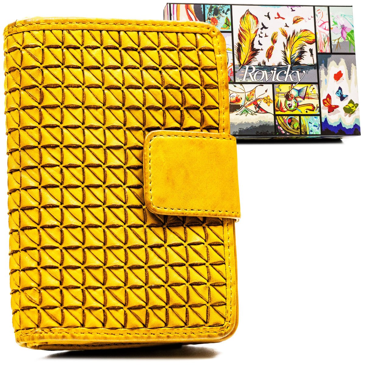 Żółty skórzany portfel damski ROVICKY portmonetka na zatrzask i suwak średni karty gotówka na prezent antykradzieżowy RFID STOP