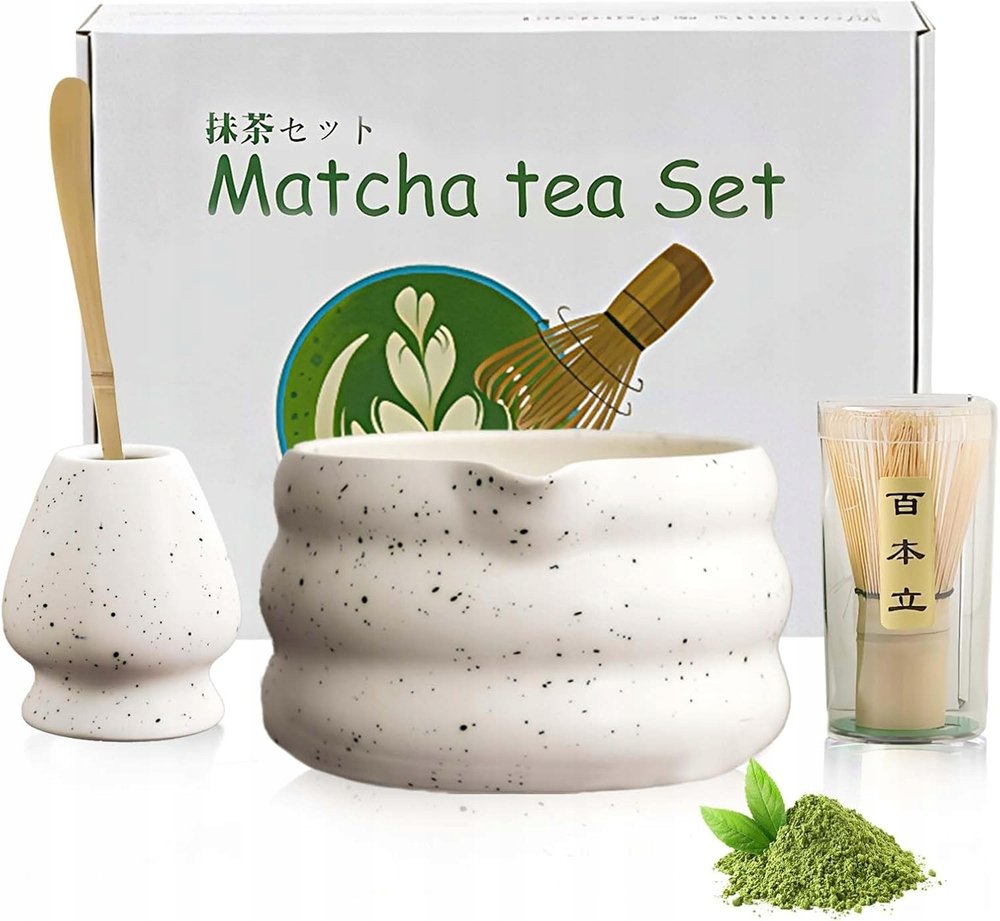 Japońska Zestaw Do Herbaty Matcha Ceramika Drewno 5 Części Biały Z Kropkami