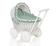 Wózki dla lalek - Wiklinowy wózek dla lalek pchacz biały z szałwiową pościelką i miękką wyściółką CHIARA - miniaturka - grafika 1