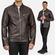 Kurtki męskie - Męska kurtka brązowa z ekoskóry biker ze srebrnymi zamkami i pikowaniami 5113-74 S Brązowy - miniaturka - grafika 1