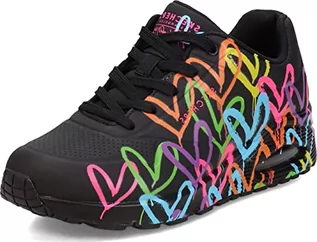 Trampki damskie - Skechers Damskie trampki UNO, czarne i wielokolorowe serce nadruk Duraleather/Bla, 6,5 UK, Czarny i wiele serc nadruk Duraleather Bla, 39.5 EU - grafika 1