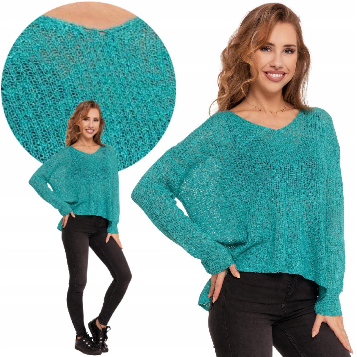 SWETER DAMSKI KLASYCZNY AŻUROWY CIENKI Z DŁUGIM RĘKAWEM KOBIECY MORAJ XXL TURQUOISE