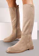 Kozaki damskie - Beżowe Kozaki na Płaskiej Podeszwie w Stylu Oficerek z Gumką Ansista - miniaturka - grafika 1