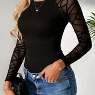 Bluzki damskie - TEMU Bluzka Slim Fit z Wstawkami z Siatki - Jednokolorowa Bluzka z Okrągłym Dekoltem i Długim Rękawem, Tunika Casual o Średniej Elastyczności na - miniaturka - grafika 1