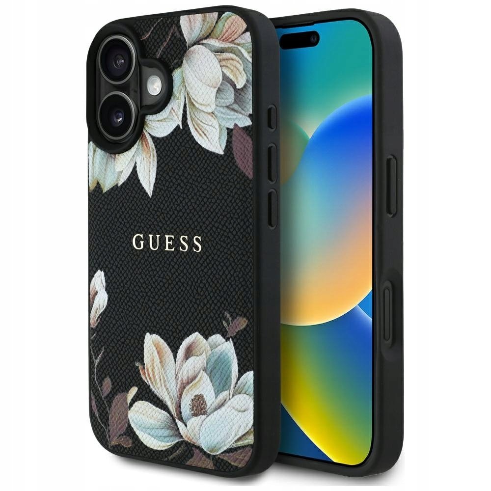 Guess Etui Grained Flower Pattern do MagSafe do iPhone 16, czarne z kwiecistym wzorem