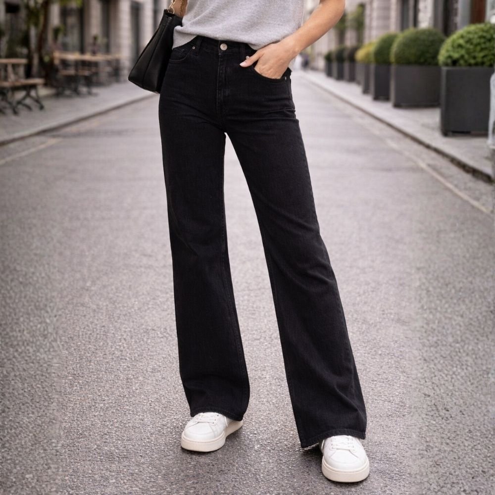 Spodnie jeansy czarne damskie wysoki stan straight wide leg proste nogawki XS