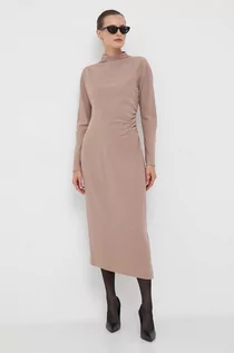 Sukienki - Calvin Klein sukienka kolor beżowy maxi rozkloszowana - grafika 1