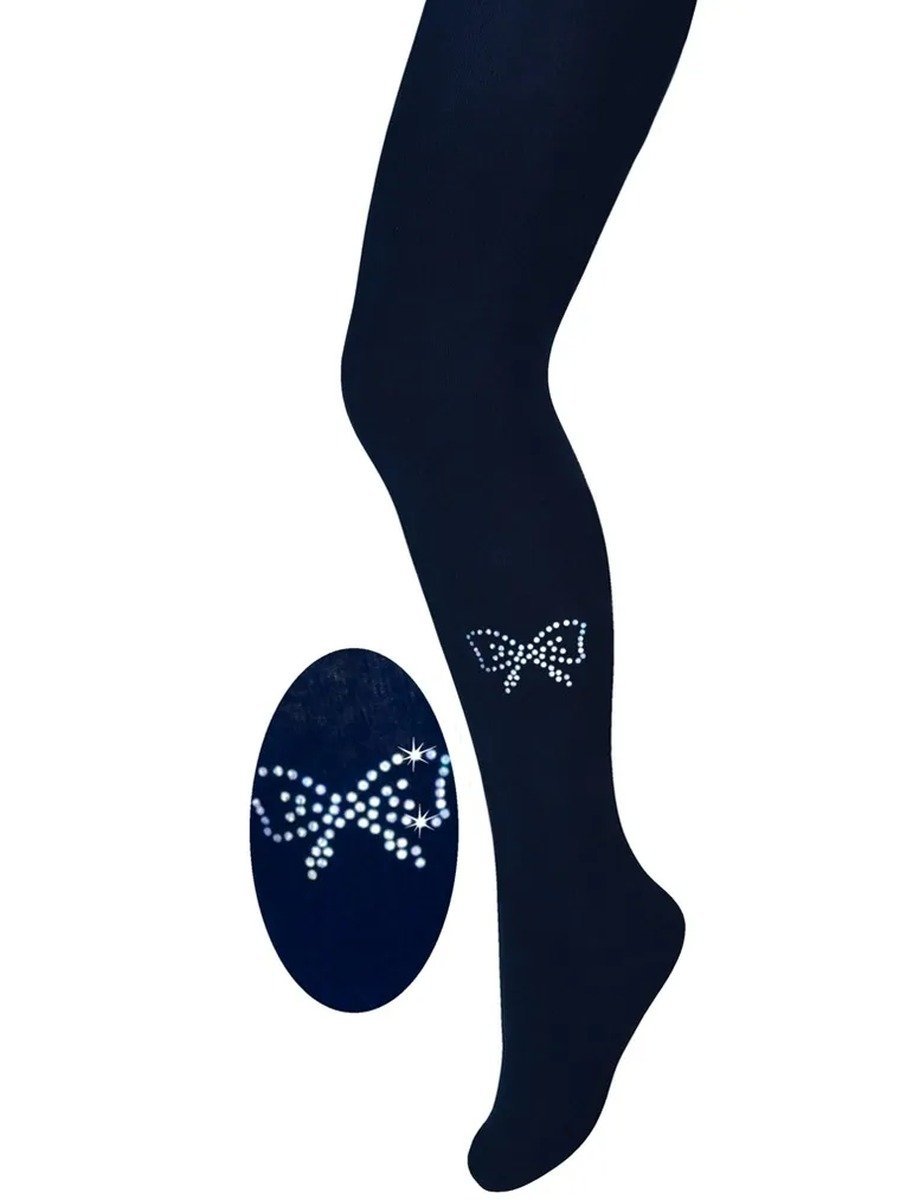 Dziewczęce rajstopy bawełniane kokardka z cyrkonii granatowe Milusie r.140/146