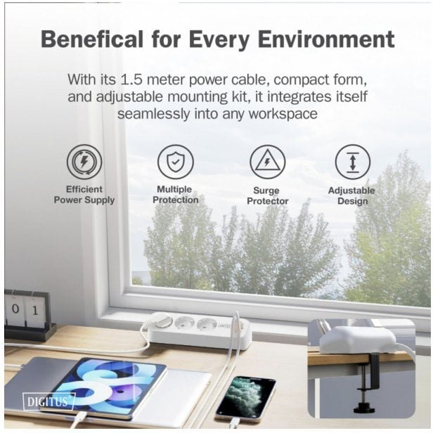 Listwa zasilająca Digitus Listwa zasilająca biurkowa, 3 gniazda Schuko, 2x USB-A 2x 12W, 1x USB-C 30W z zaciskiem na blat, kabel 1,5m, biały DA-70626