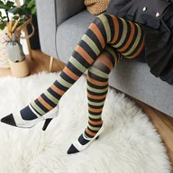 Rajstopy - TEMU 1 Para Damskich Czarno-Brązowych i Zielonych Paskowanych Rajstop - Miękka Beżowa Tkanina, Wycięty Wzór na Świąteczne i Słodkie Stylizacje, - miniaturka - grafika 1