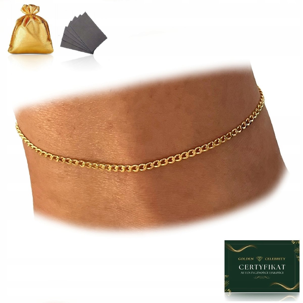 ZŁOTA BRANSOLETKA NA NOGĘ, KOSTKĘ PANCERKA SREBRO 925 POZŁACANA, REGULOWANA