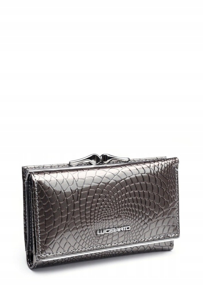 Szary Portfel Damski Skóra Naturalna Węża LUIGISANTO Lakierowany Prezent