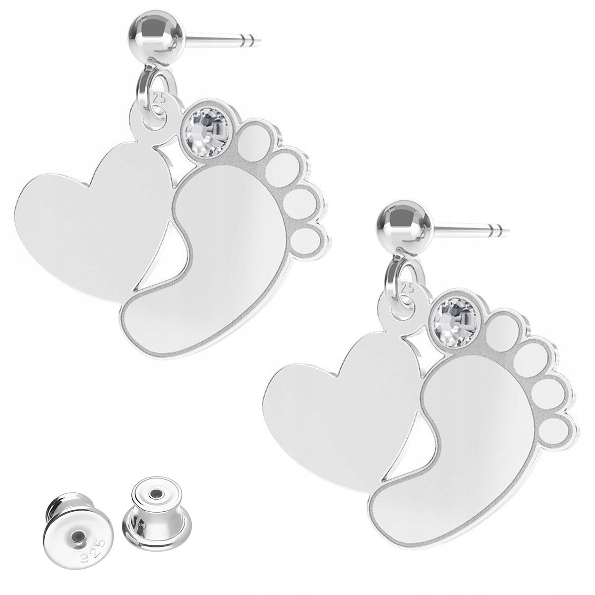Kolczyki Srebrne Stopy Stópki Dziecka Stópka z Cyrkonią Serca SREBRO 925
