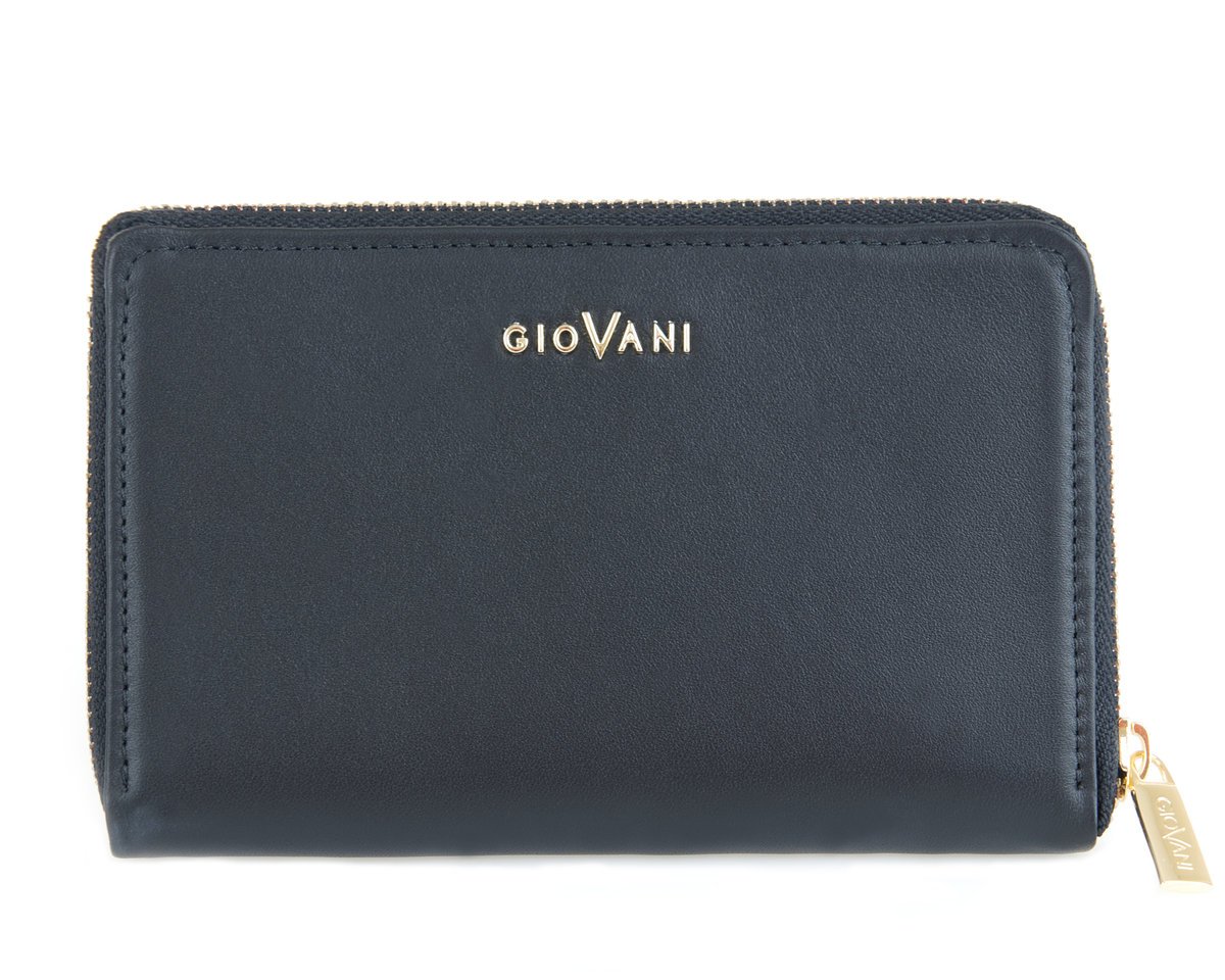 Skórzany czarny portfel damski Aurora-Giovani, na zamek, średniej wielkości