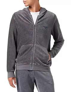 Emporio Armani Męska bluza z kapturem Ribbed Chenille Embroidered Eagle Logo Zip Up Sweater Hooded, Antracyt w paski, XL - Bluzy męskie - miniaturka - grafika 1
