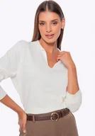 Swetry damskie - Sweter damski z dekoltem V-neck z wiskozy i nylonu kremowy - miniaturka - grafika 1