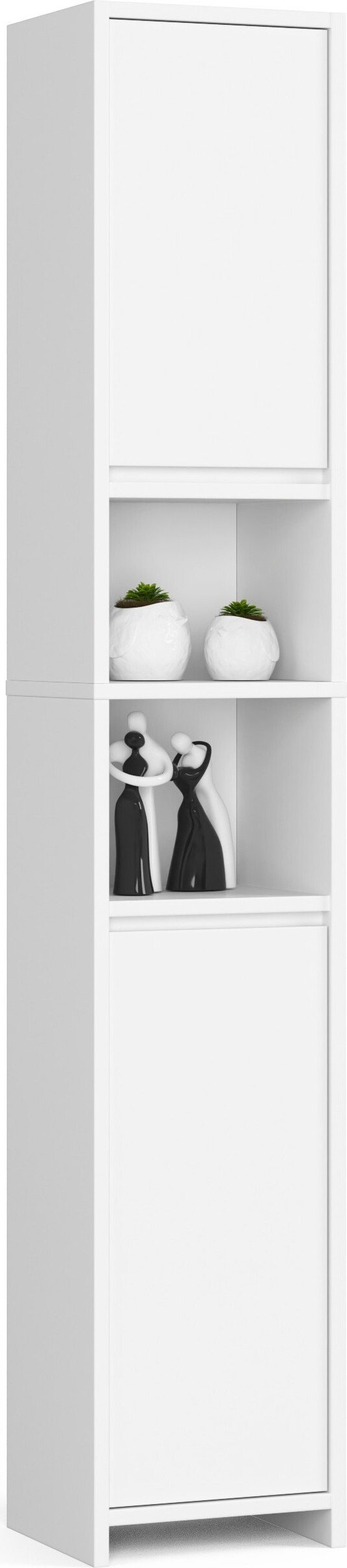 Szafka łazienkowa wolnostojąca: dwoje drzwi, cztery półki, kolor: biały, wymiary mebla: szer. 32 cm, wys. 180 cm, gł. 28 cm.