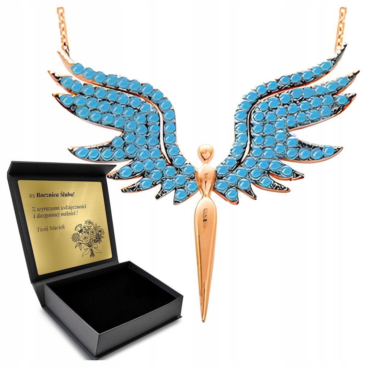 Łańcuszek Naszyjnik Złoty Srebrny Z Cyrkoniami Anioł Ze Skrzydłami + Grawer