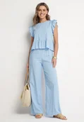 Komplety damskie - Niebieski Komplet z Wiskozą Szerokie Spodnie i Bluzka z Falbankami Villimi - miniaturka - grafika 1