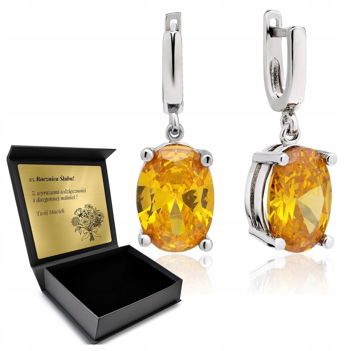 Kolczyki Srebrne 925 Cytryn Piękna Biżuteria Dla Kobiety + Grawer