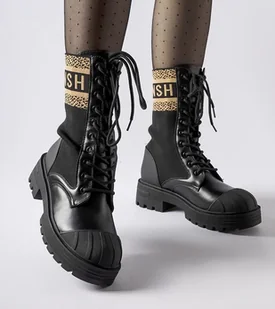 Czarne skarpetowe buty brązowy napis Daria-38 - Botki damskie - miniaturka - grafika 1