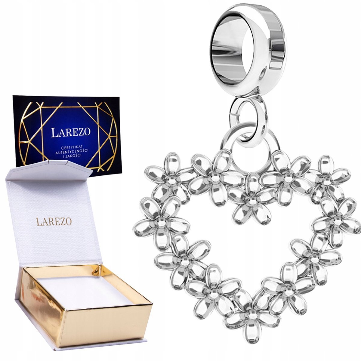 CHARMS SREBRNY Wiszący z Kwiatami w Sercu Serce Serduszko Kwiaty SREBRO 925