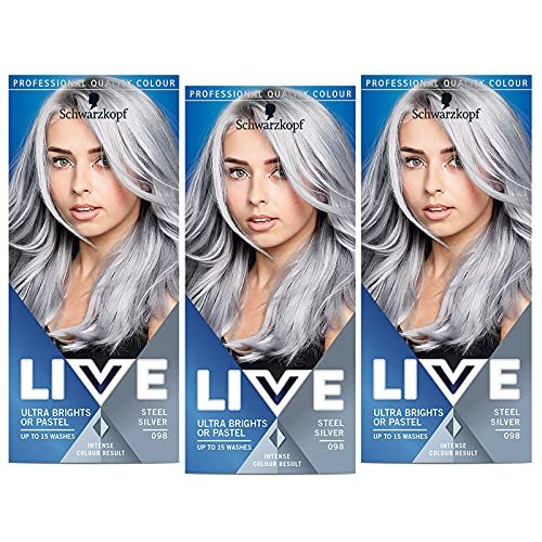 Schwarzkopf Live Ultra Brights or Pastel Farba do włosów 2w1 półtrwała do 15 myć 098 Steel Silver, trójpak (3x142 ml)